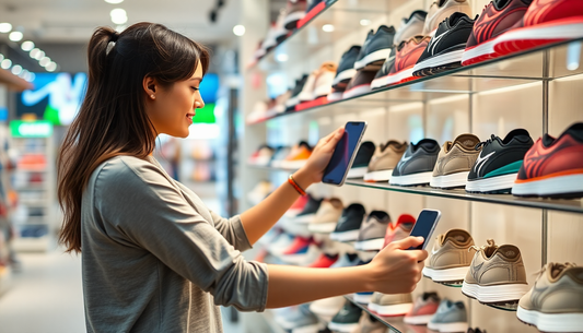 Woman using phone to browse shoes in store demonstrating how to find trendy fashion online