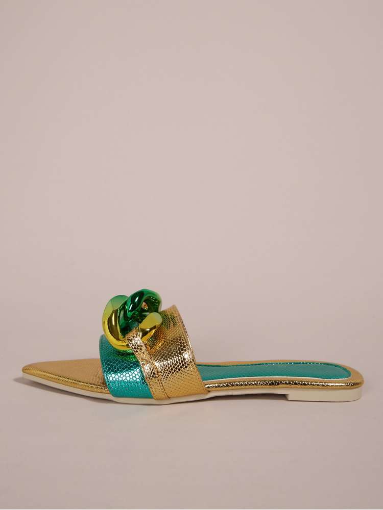 Wholesale7 acrylic pointed toe slippers with metallic gold and teal design and decorative chain detail