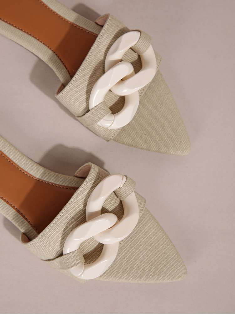 Wholesale7 beige acrylic pointed toe slippers with large white chain detail on top