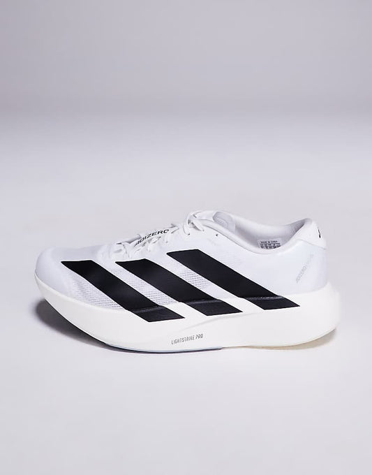 White adidas Adizero Evo SL sneakers with black stripes and lightweight sole for men