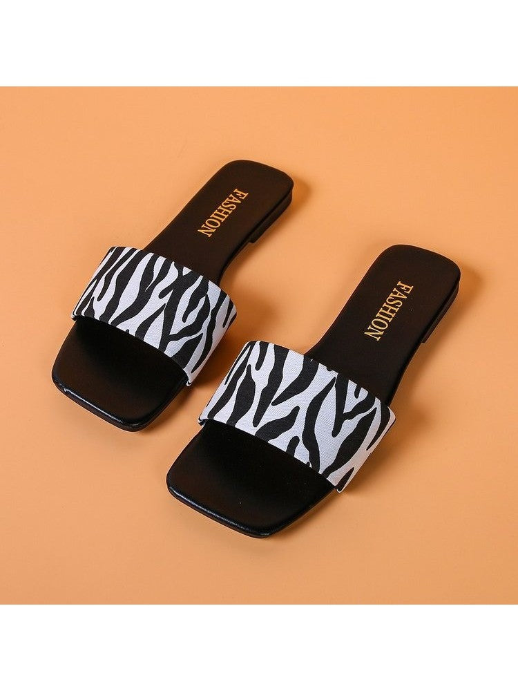 Wholesale7 animal print square toe slippers with black and white zebra pattern and flat sole