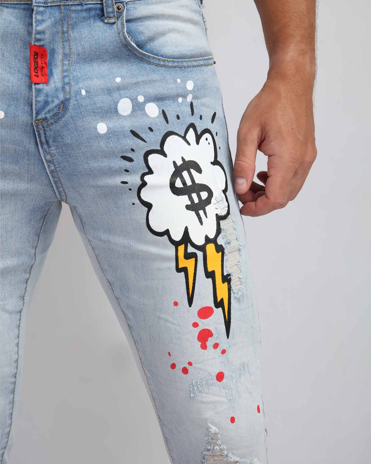 Logeqi anime style ripped jeans featuring colorful graphic designs and distressed detailing