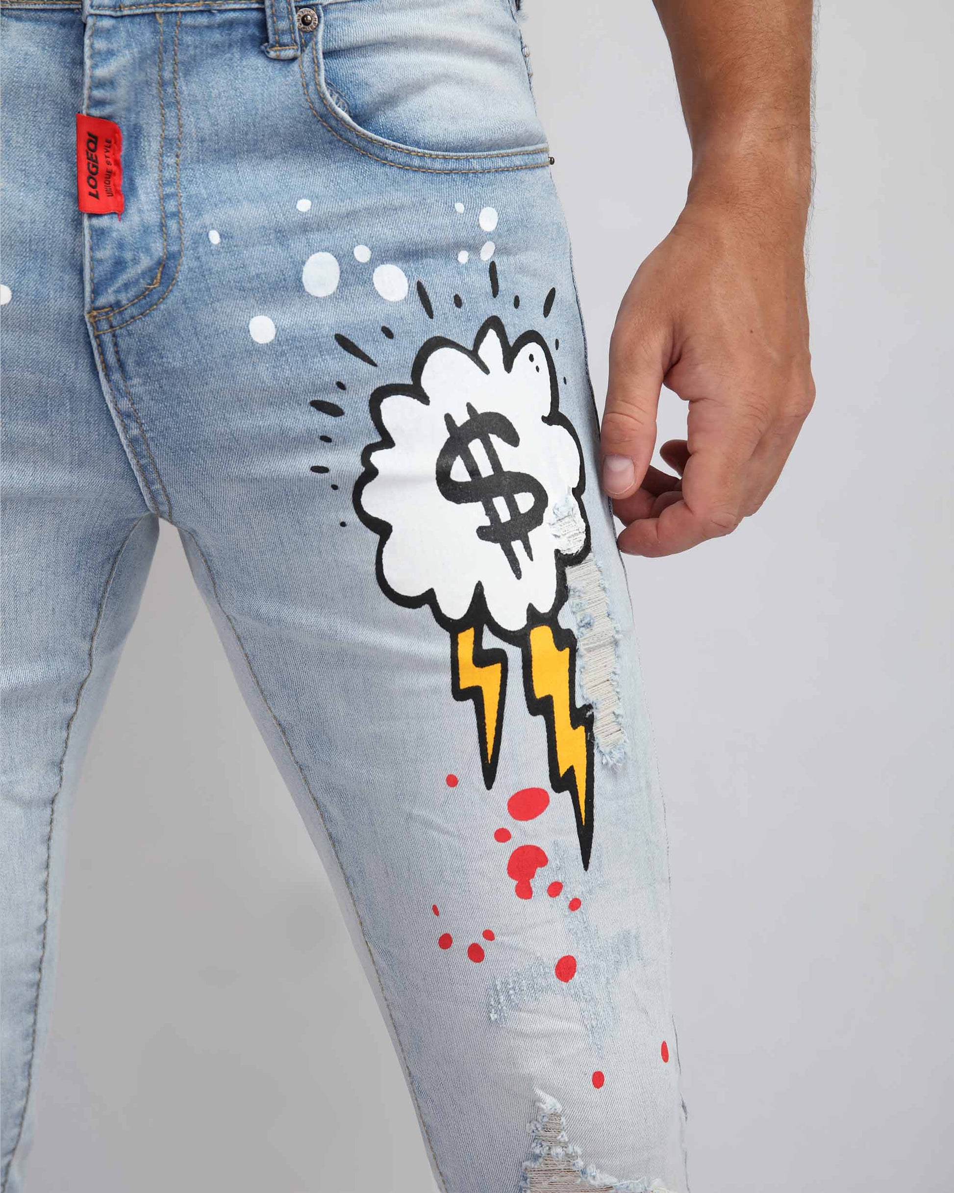 Logeqi anime style ripped jeans featuring colorful graphic designs and distressed detailing
