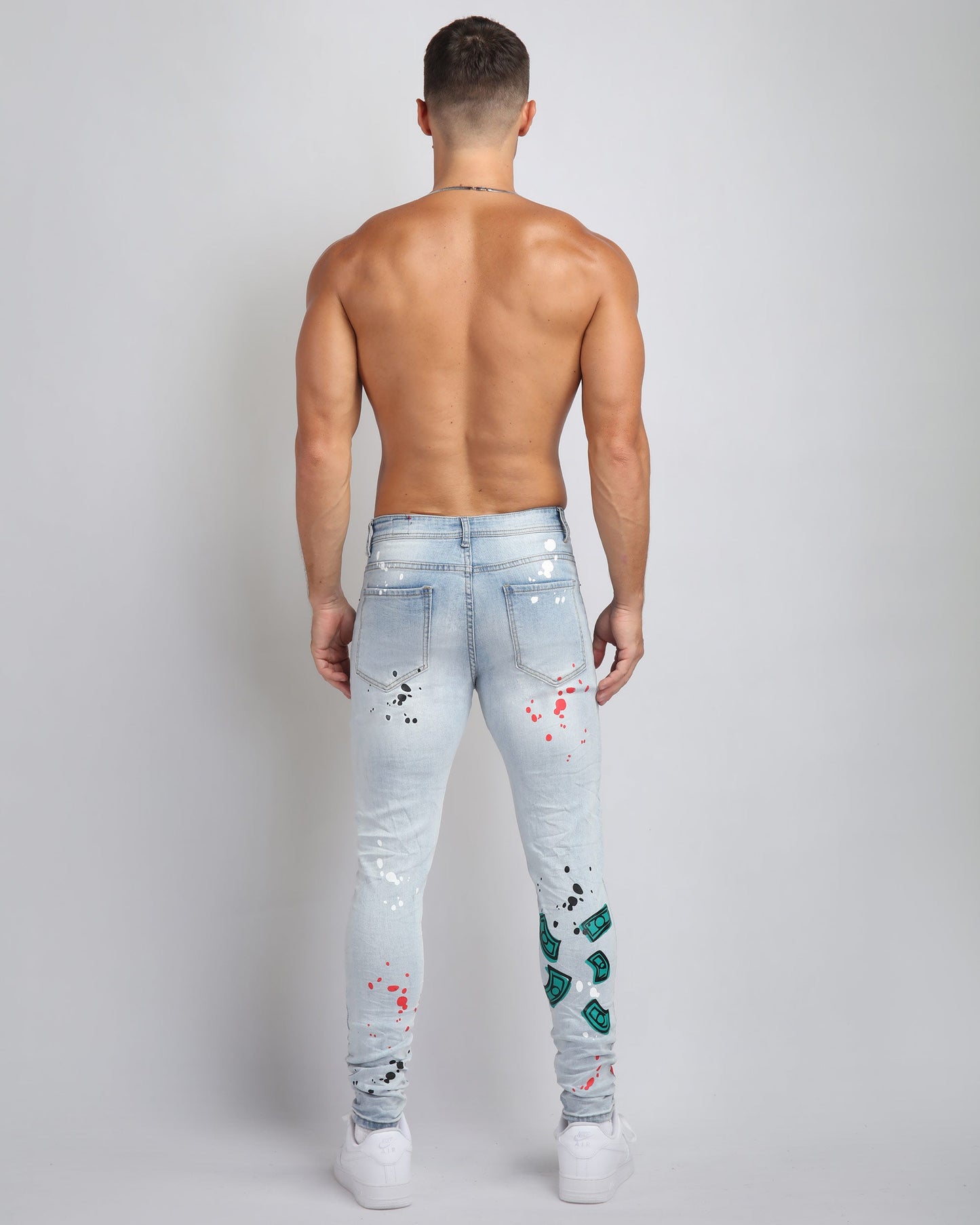 Logeqi anime style ripped jeans with unique paint splatter design on back for a trendy look