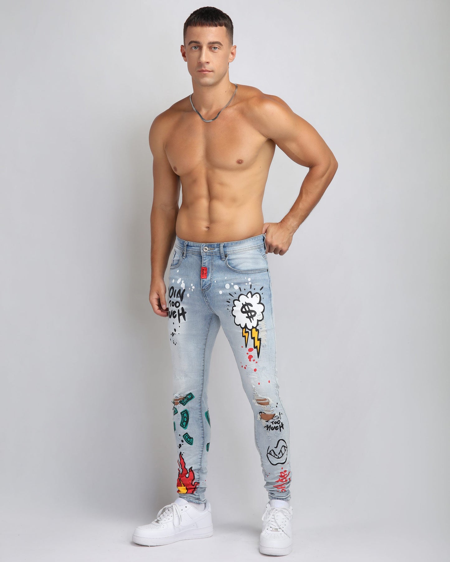 Logeqi anime style ripped jeans with trendy graffiti designs for a fashionable look