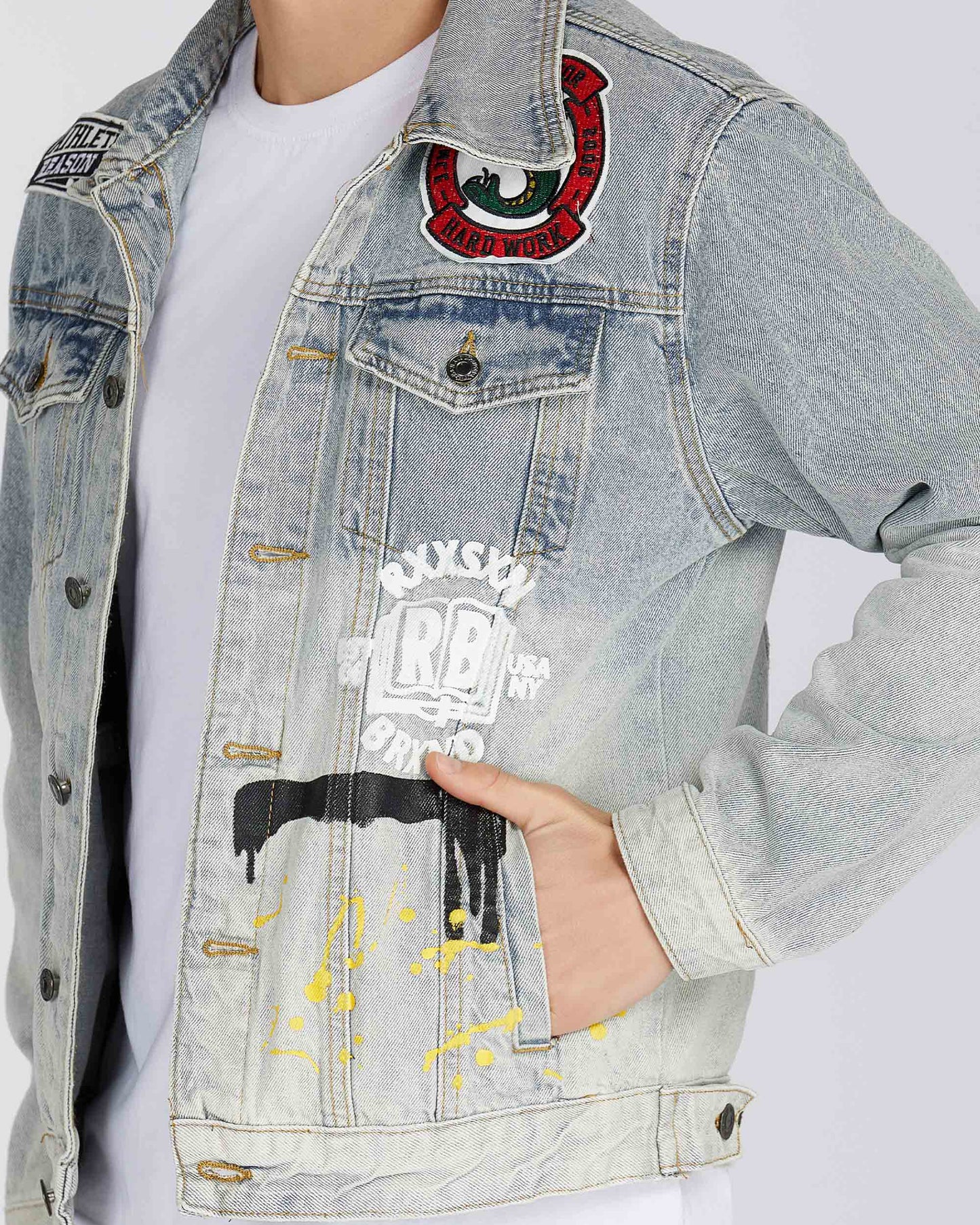 Logeqi art painted denim jacket featuring unique graphics and a classic fit for stylish looks