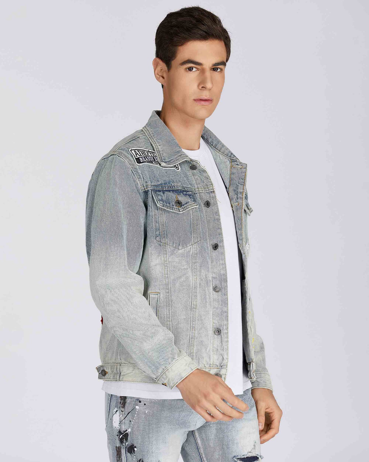 Logeqi art painted denim jacket for men with a stylish, faded look and front pockets