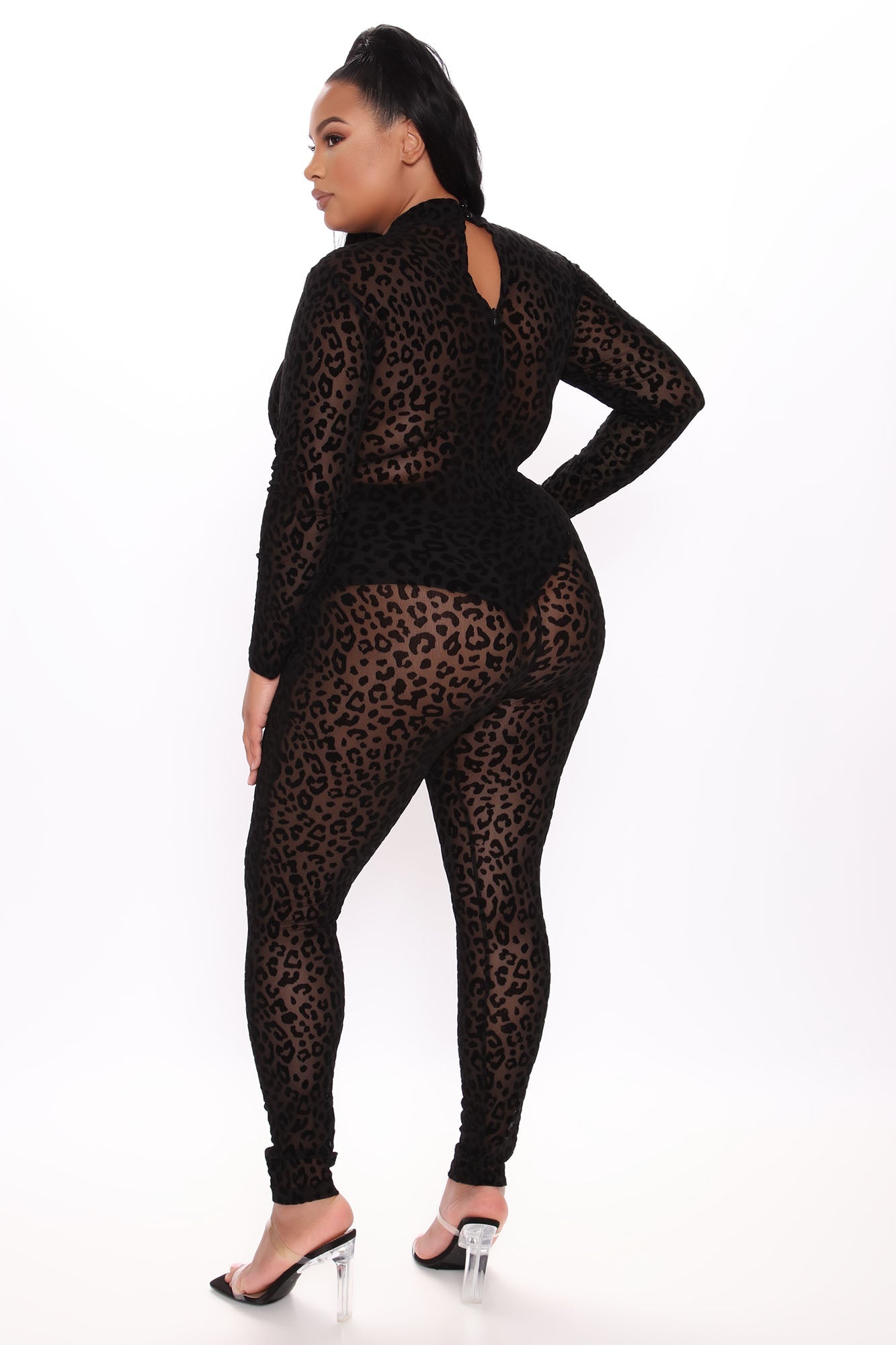 Fashion Nova black animal print mesh bodystocking with long sleeves and back keyhole accent