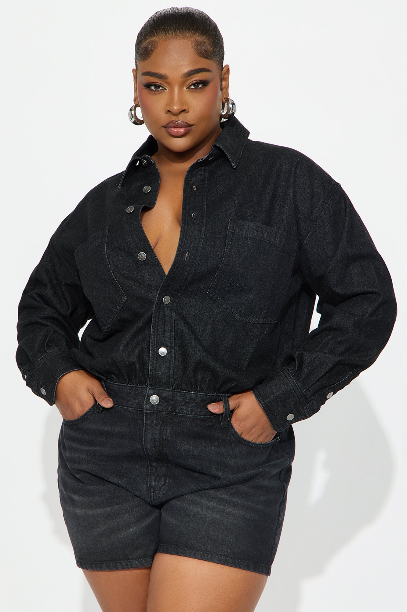 Fashion Nova black denim romper for women with button-up front and pockets