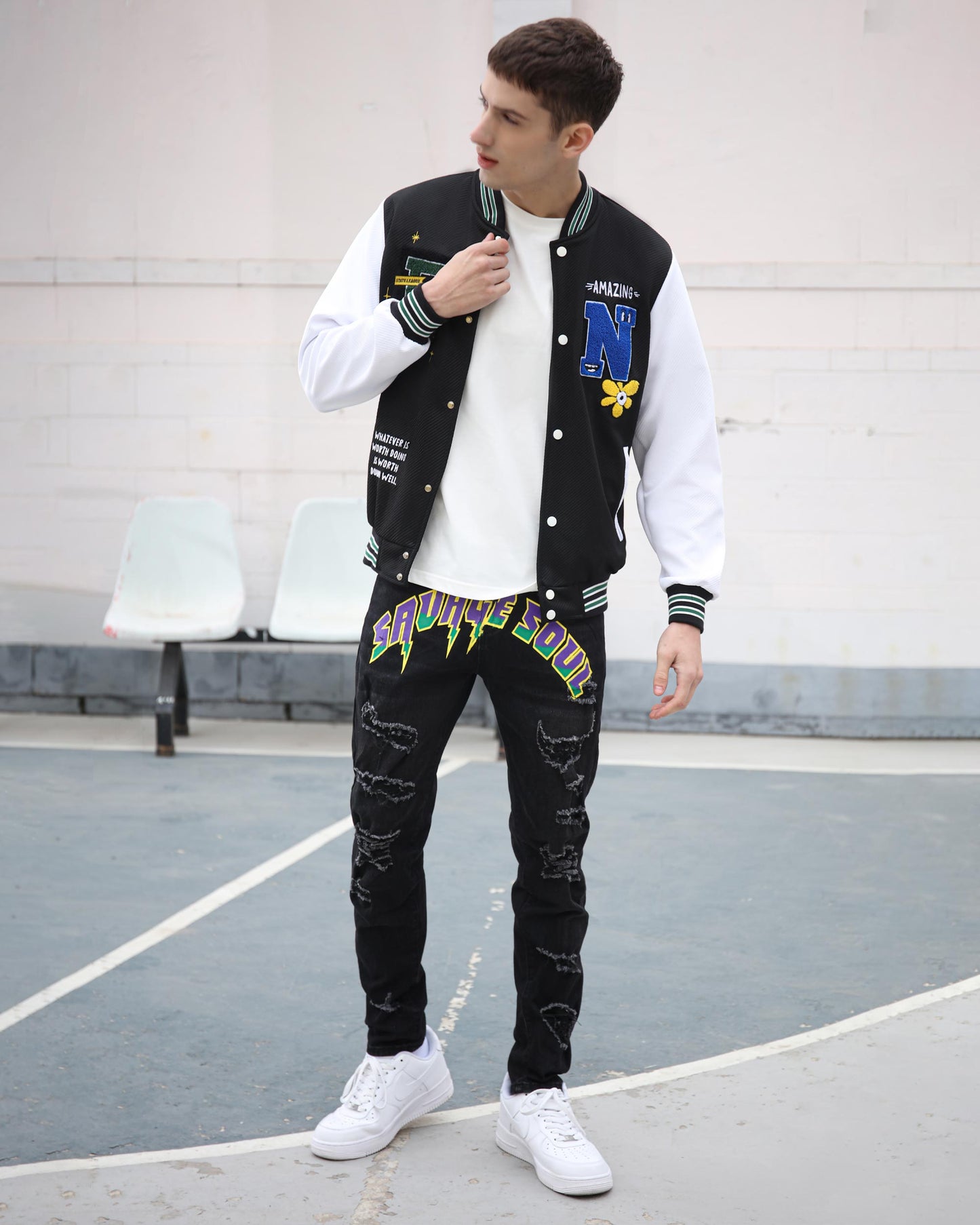 Logeqi black graffiti slim-fit jeans featuring stylish graphics and a modern design for a trendy look