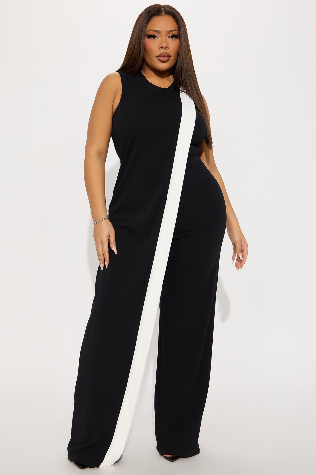 Fashion Nova black jumpsuit for women with stylish white side stripe and wide-leg design