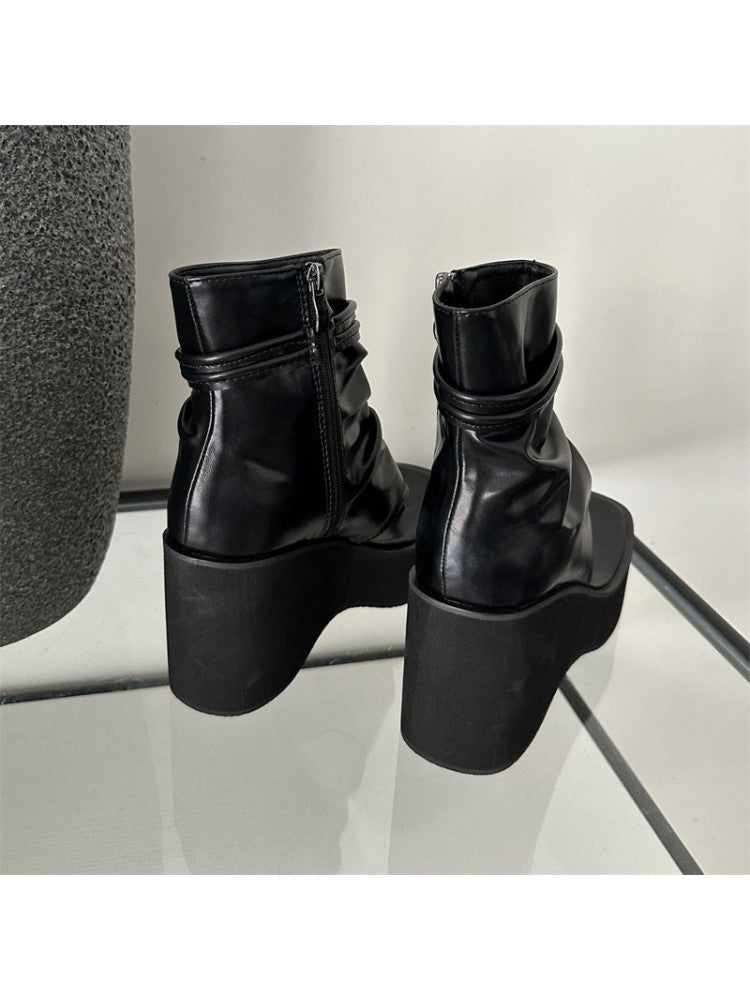 Wholesale7 black open toe chunky heel boots with side zipper and platform sole