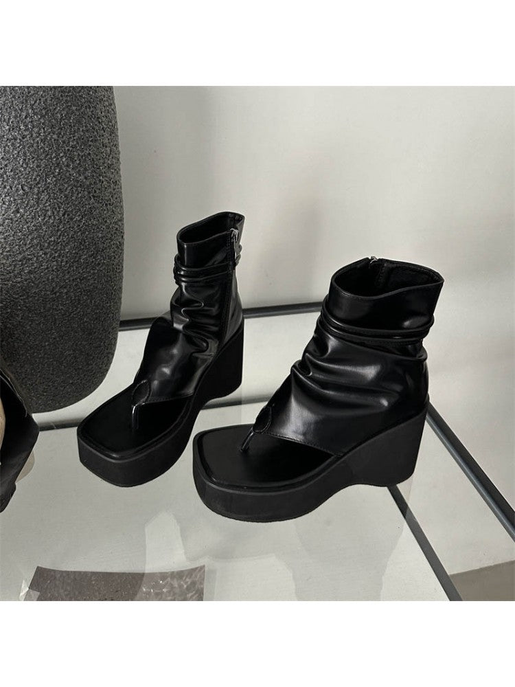 Black open toe chunky heel boots with ankle zipper and ruched leather design by wholesale7