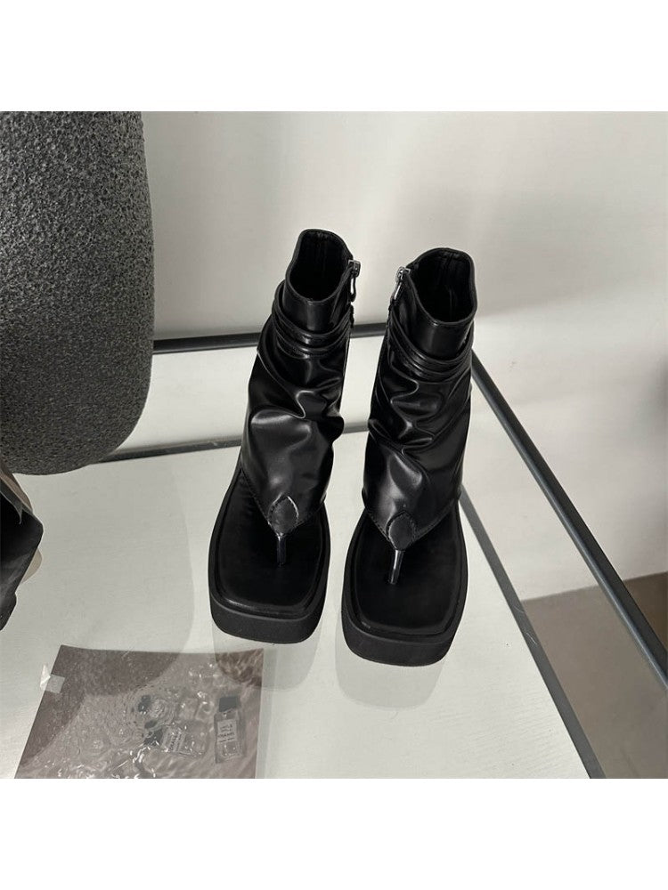 Wholesale7 black open toe chunky heel boots with ruched leather design and square toe