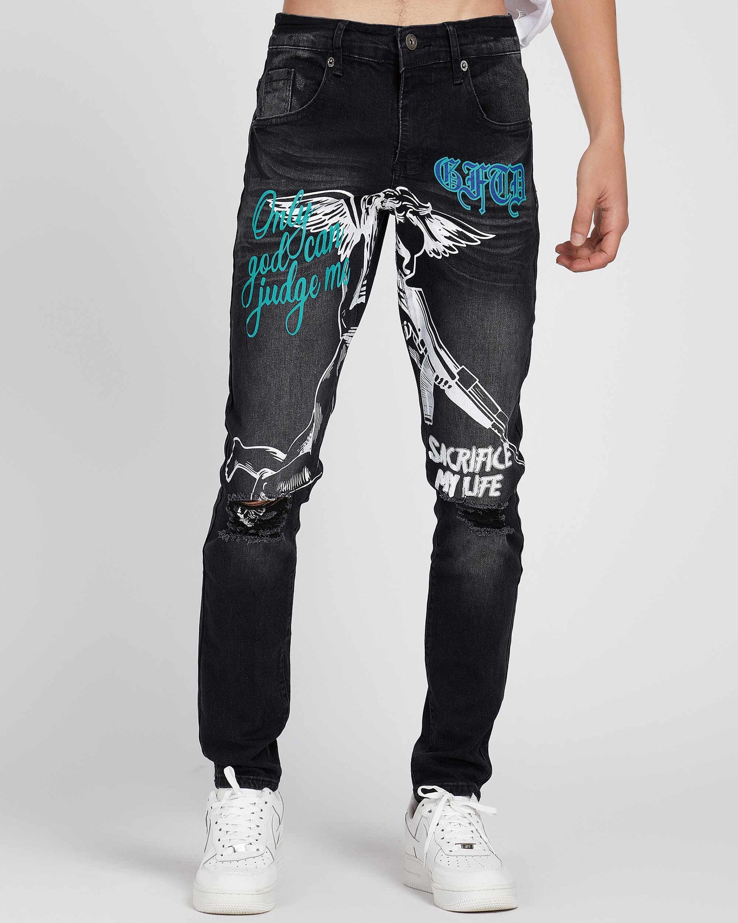 Logeqi black ripped graffiti jeans with blue and white graphic print and distressed details