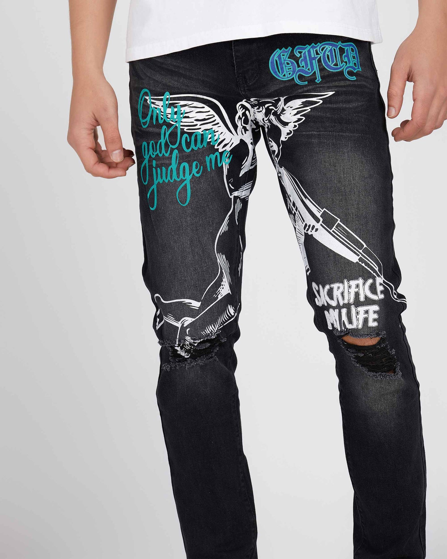 Logeqi black ripped graffiti jeans with angel graphic and text design on front legs