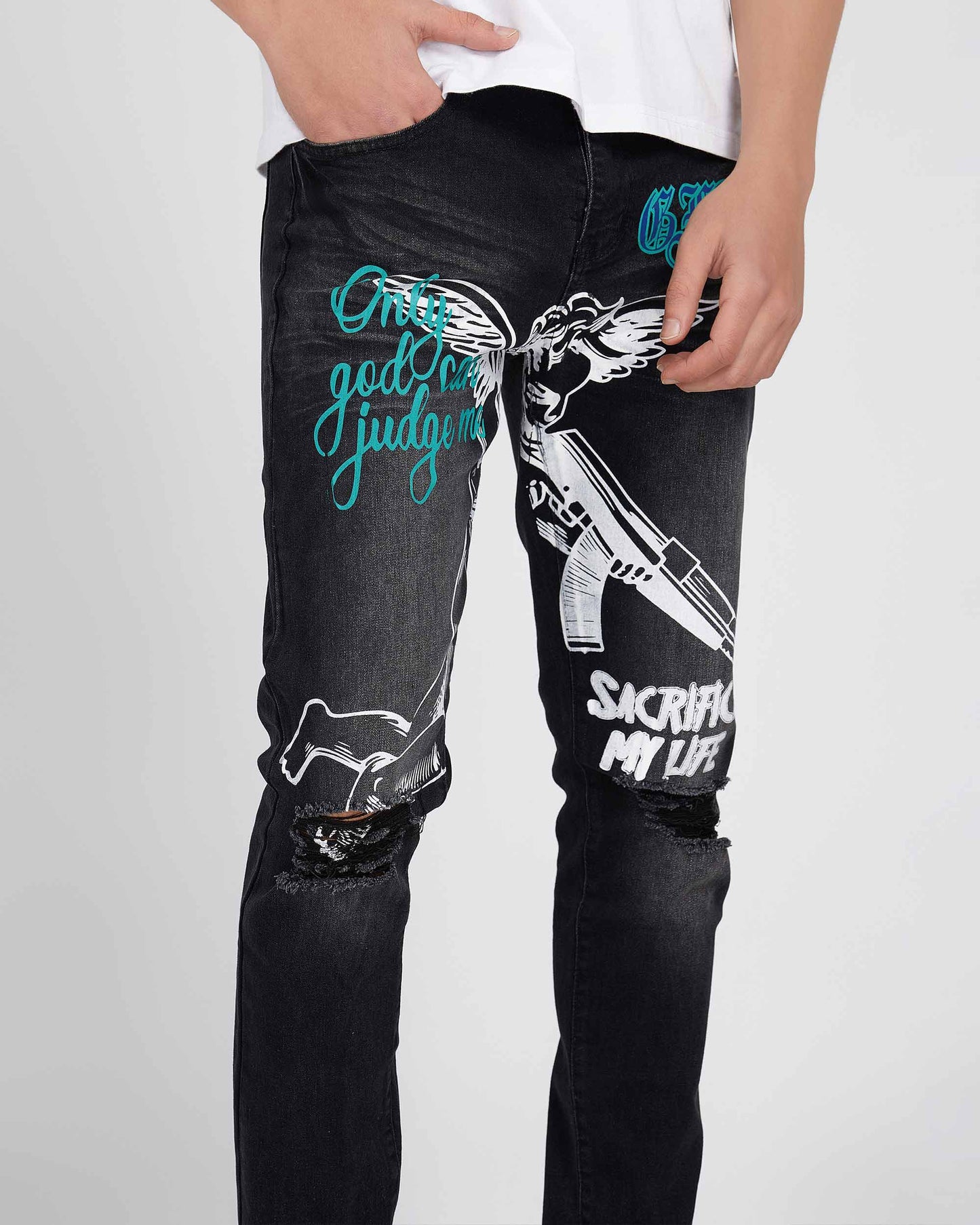 Logeqi black ripped graffiti jeans featuring blue and white graphic designs and distressed knee details