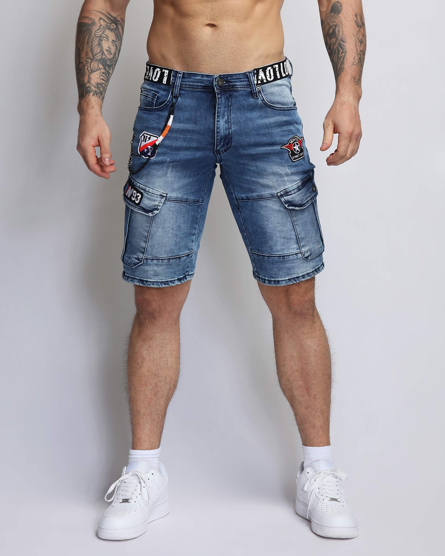 Logeqi blue cargo denim shorts featuring patch designs and a stylish, comfortable fit