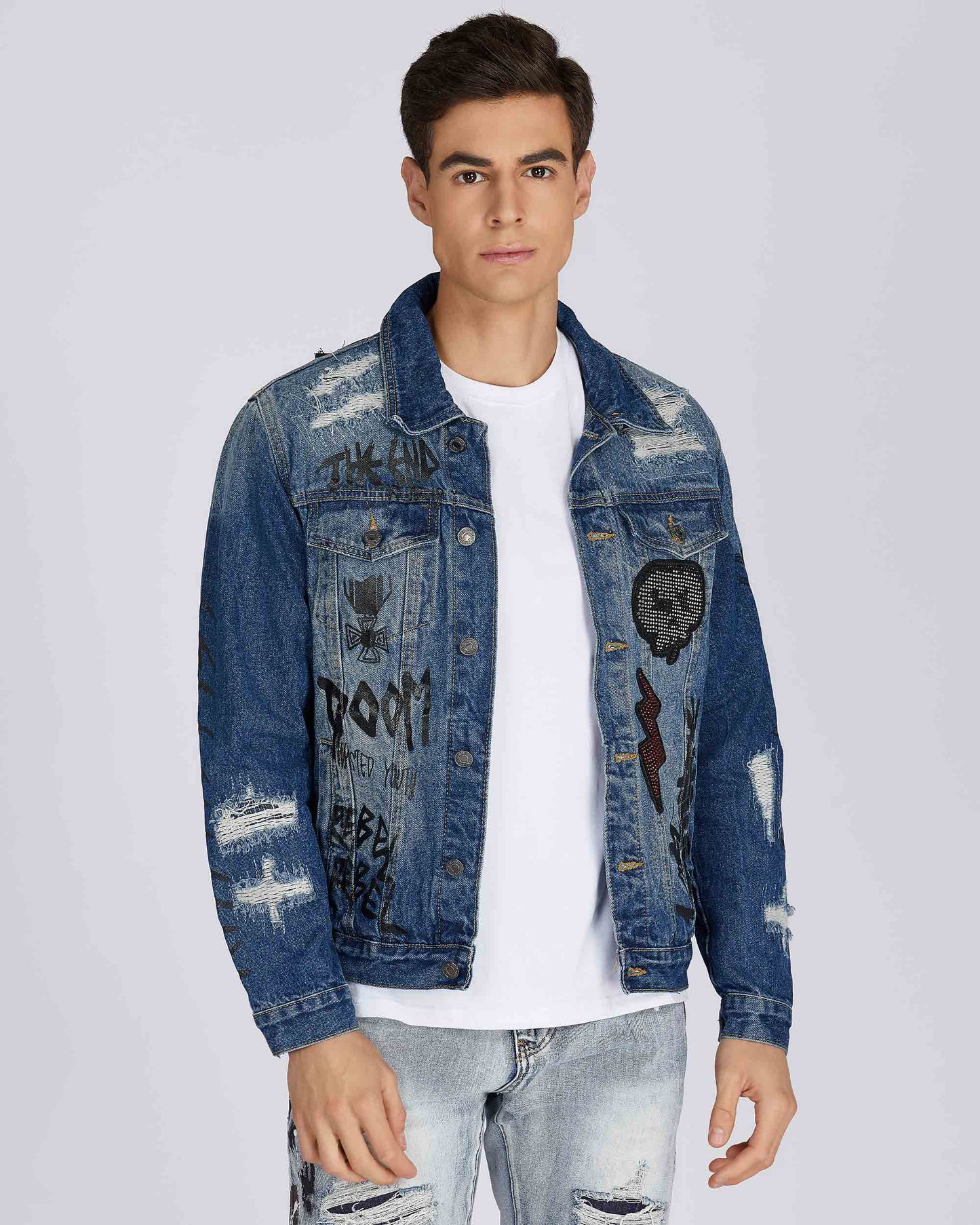 Logeqi blue denim jacket with distressed details and graphic patches for a trendy, casual look