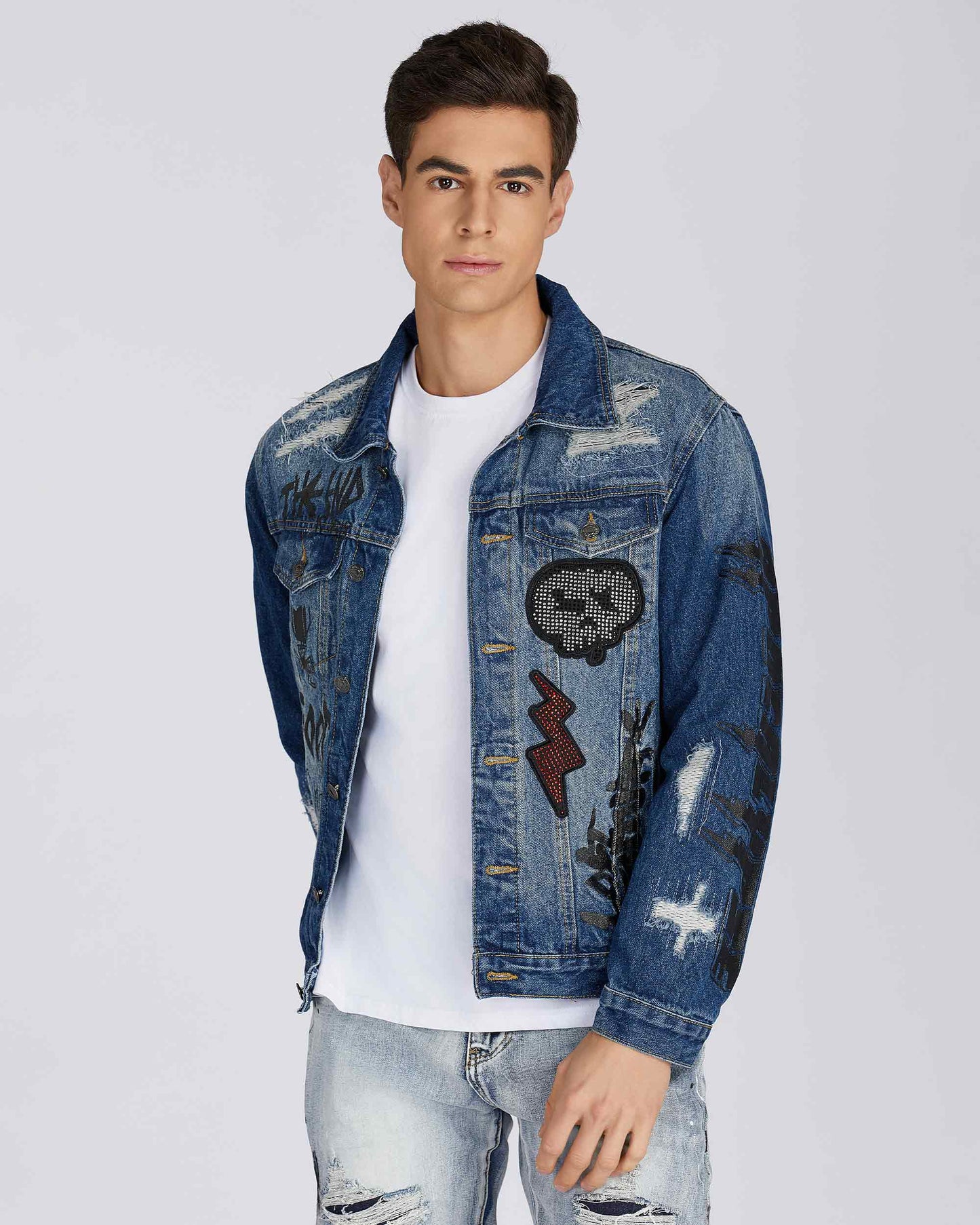 Logeqi blue denim jacket with unique patches and distressed details for a stylish casual look