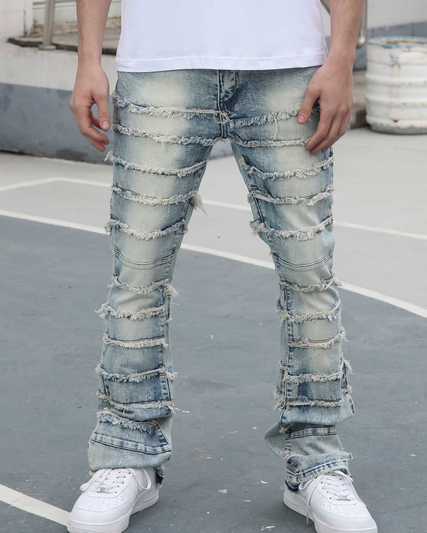Logeqi blue retro flared jeans with distressed detailing for a trendy look