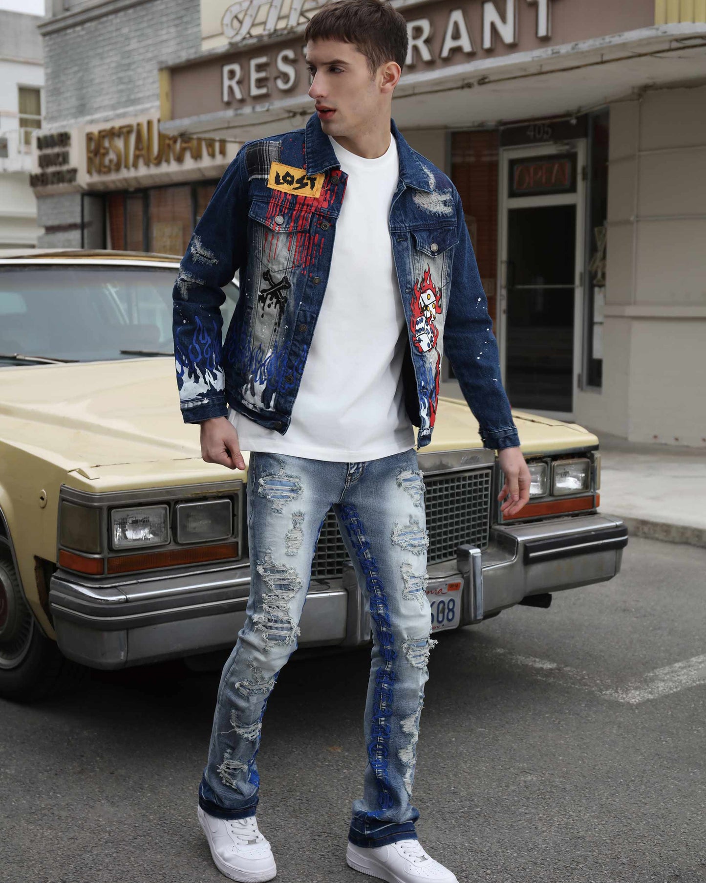 Logeqi blue retro flared jeans with distressed detailing, paired with a stylish denim jacket