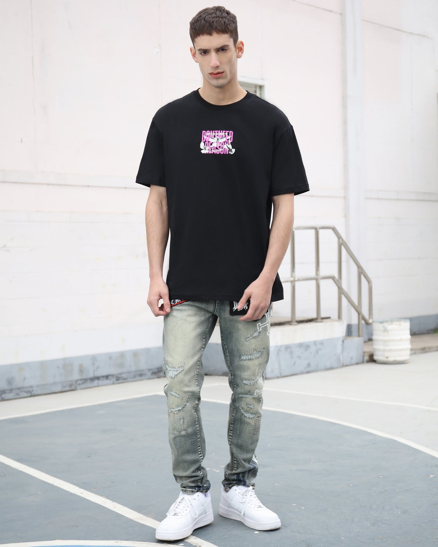 Logeqi blue ripped jeans with skull print featuring a stylish distressed design for casual wear