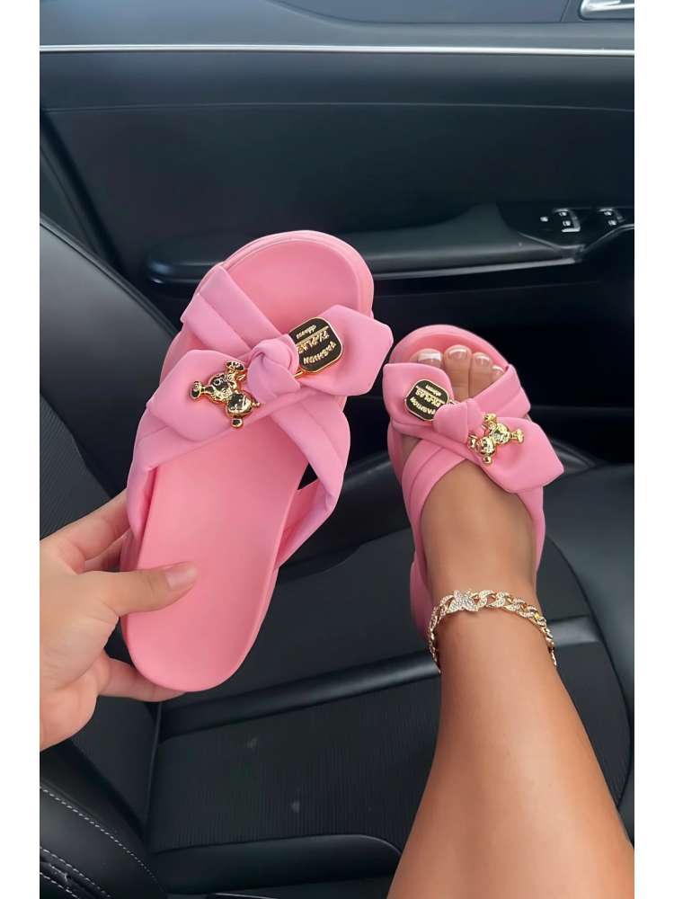 Pink bow platform slippers for women with decorative gold accents by wholesale7