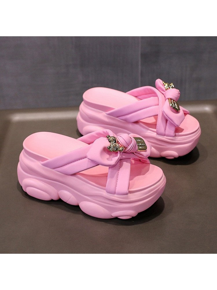 Pink bow platform slippers for women with thick cushioned soles from wholesale7
