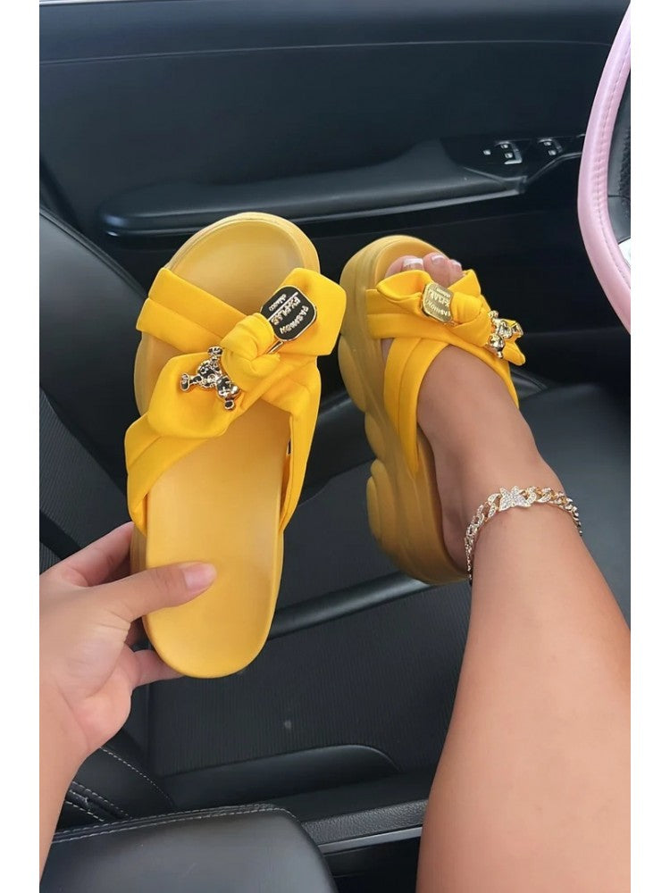 Yellow bow platform slippers for women by wholesale7 with decorative charms and comfortable sole