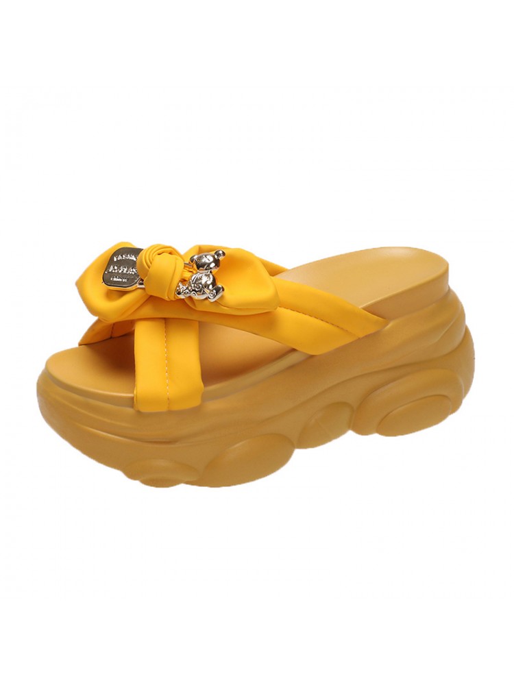 Wholesale7 yellow bow platform slippers for women with chunky sole and decorative bow detail