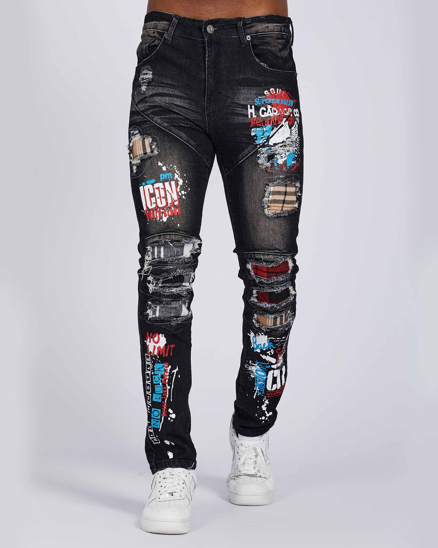 Logeqi slim fit ripped jeans with graphic prints and distressed details in black