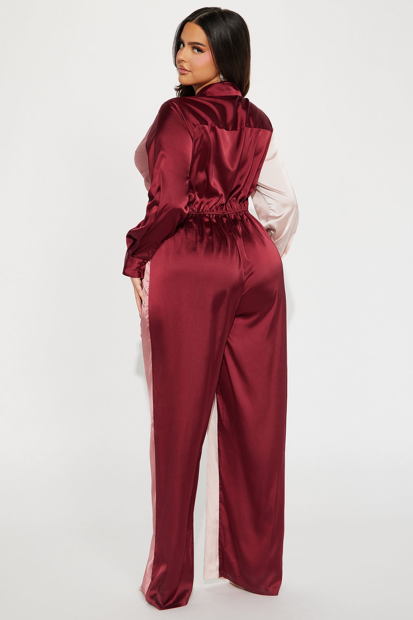Fashion Nova burgundy satin jumpsuit for women featuring a stylish design and comfortable fit