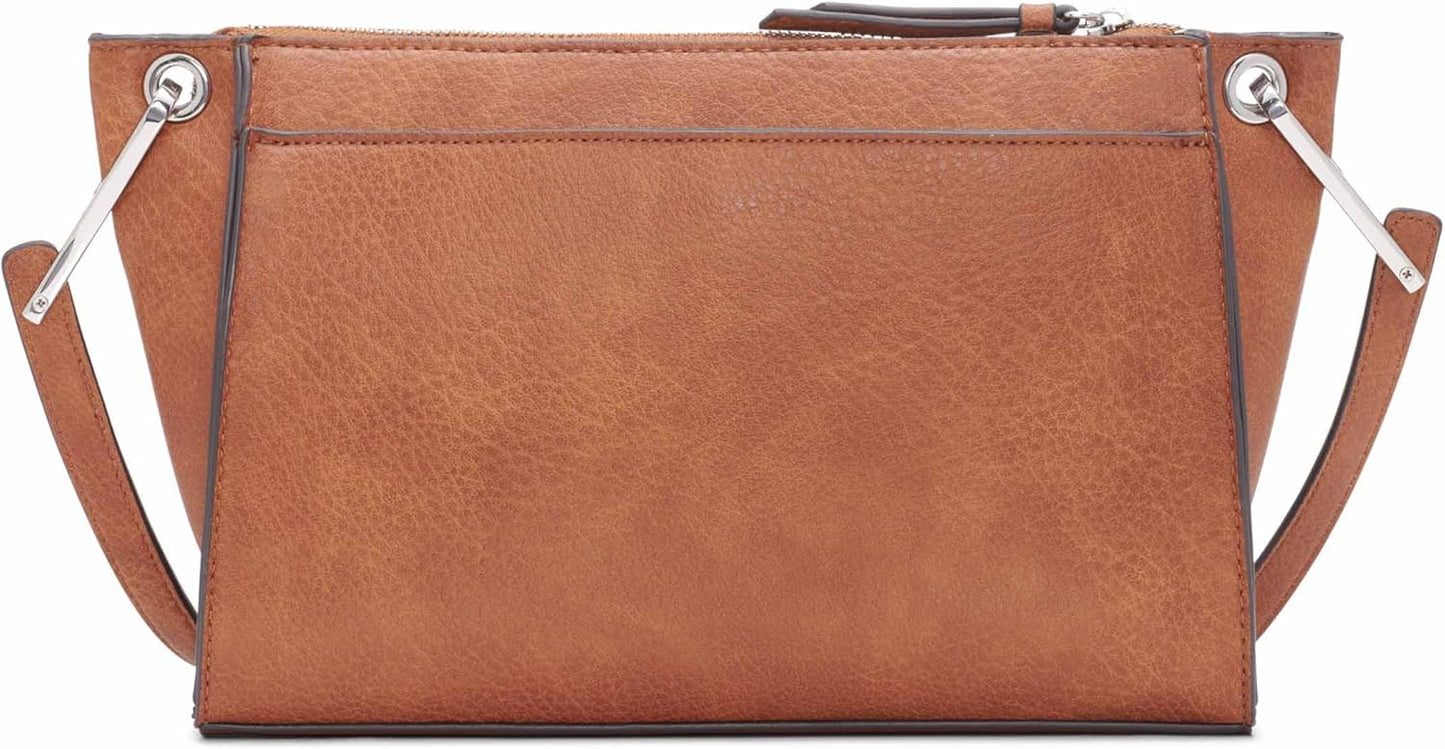 Calvin Klein Reyna crossbody bag in tan leather with a sleek design and adjustable straps