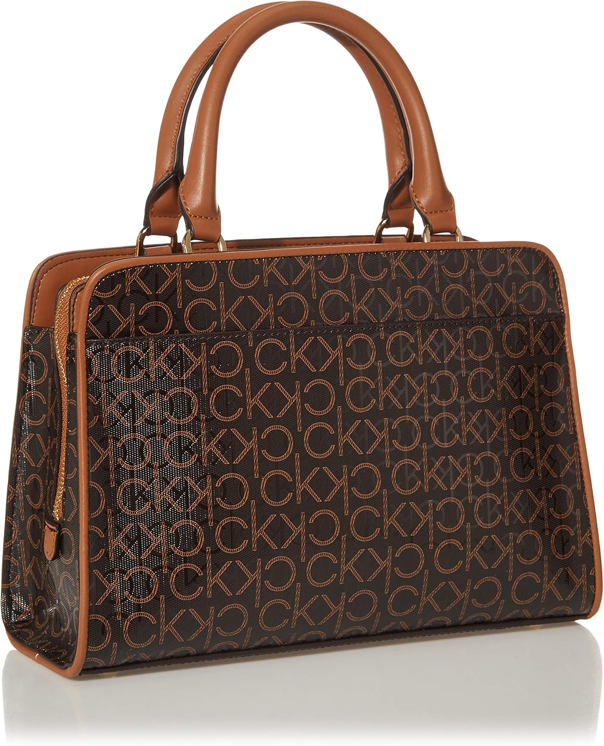 Calvin Klein textured satchel bag in brown with CK monogram print and stylish tan handles