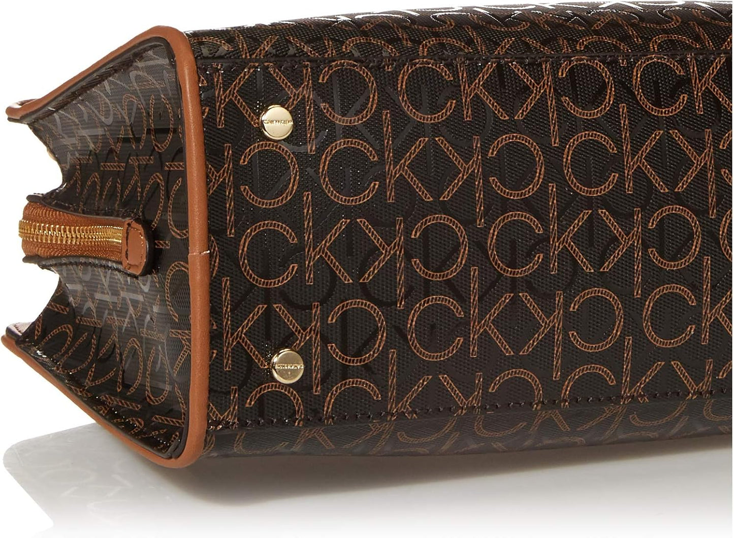 Calvin Klein textured satchel bag featuring a stylish logo design and zip closure for easy access