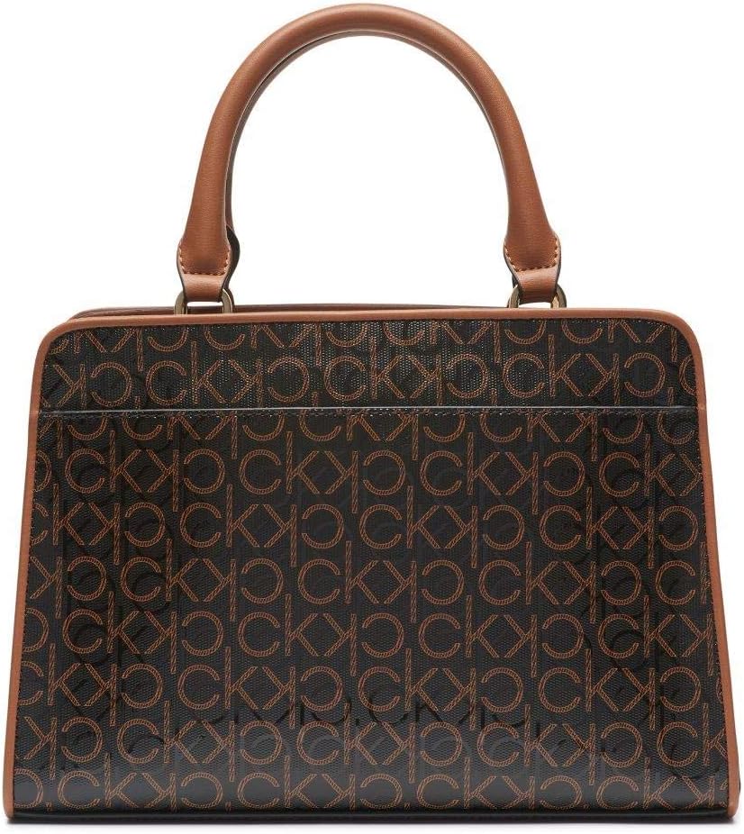 Calvin Klein textured satchel bag with a stylish logo pattern and brown leather handles