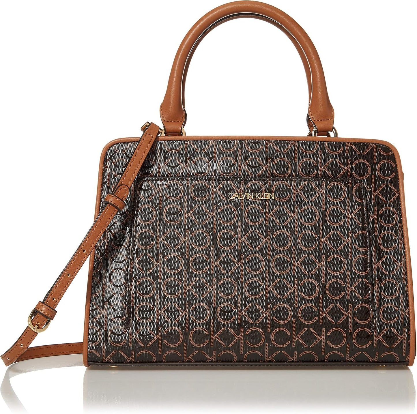 Calvin Klein textured satchel bag in brown with a unique logo print and detachable strap