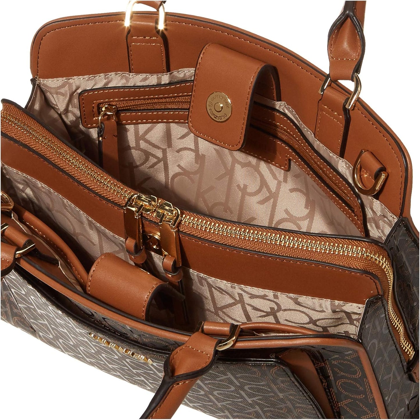 Calvin Klein textured satchel bag with multiple compartments and stylish brown accents