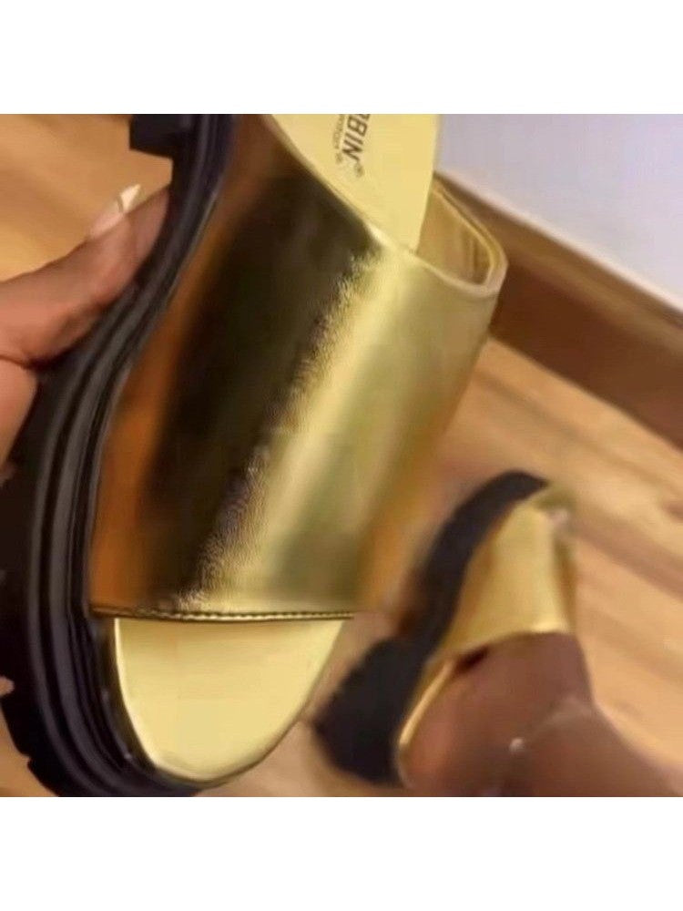 Wholesale7 solid color peep toe slippers in shiny gold with black sole for stylish comfort