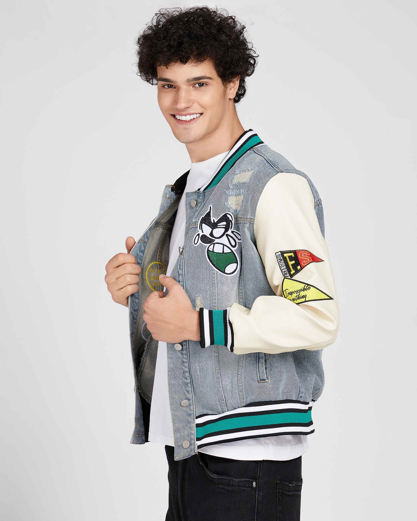 Logeqi cartoon denim baseball jacket with colorful patches and a stylish design for casual wear