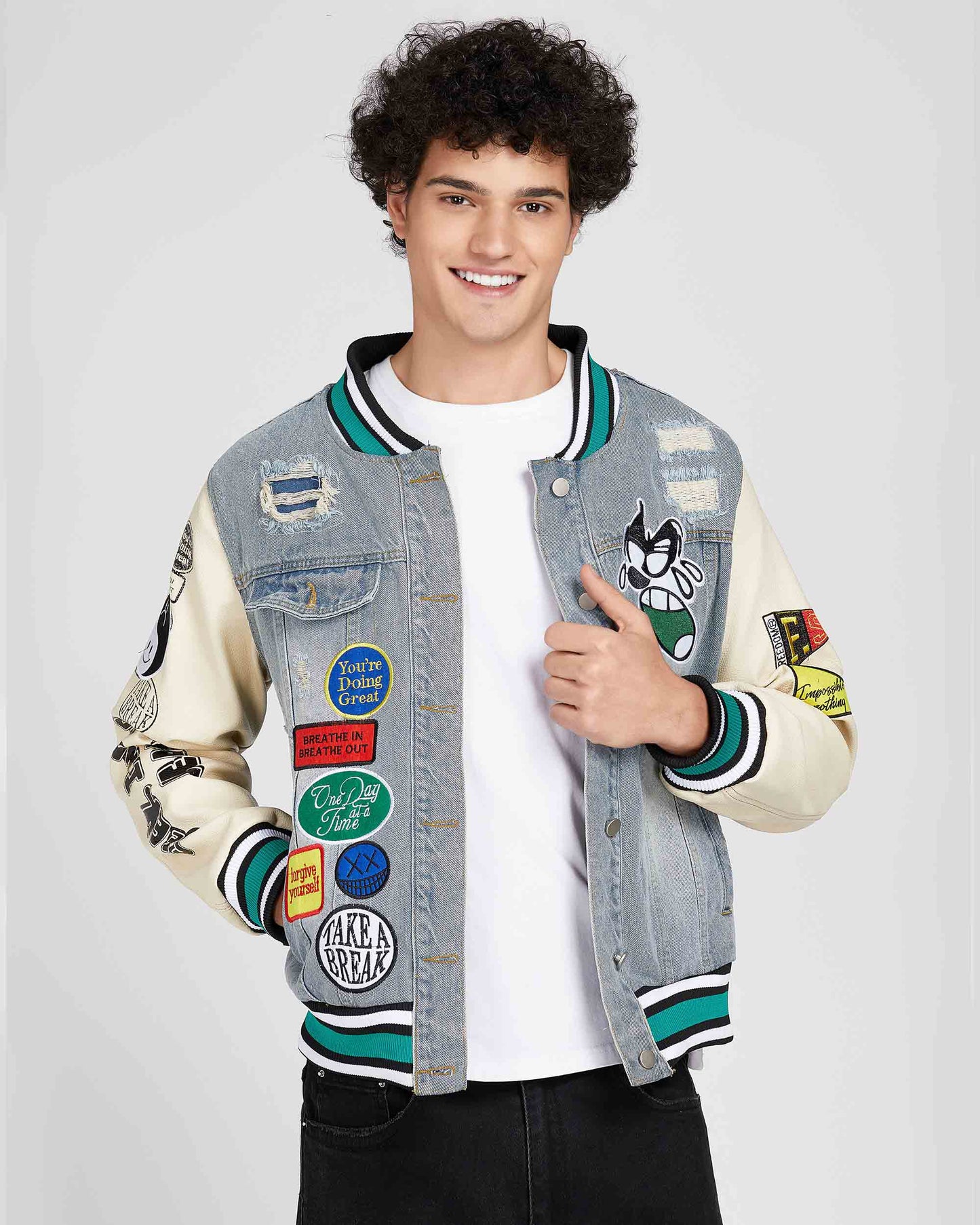 Logeqi cartoon denim baseball jacket with colorful patches and a trendy design for casual wear