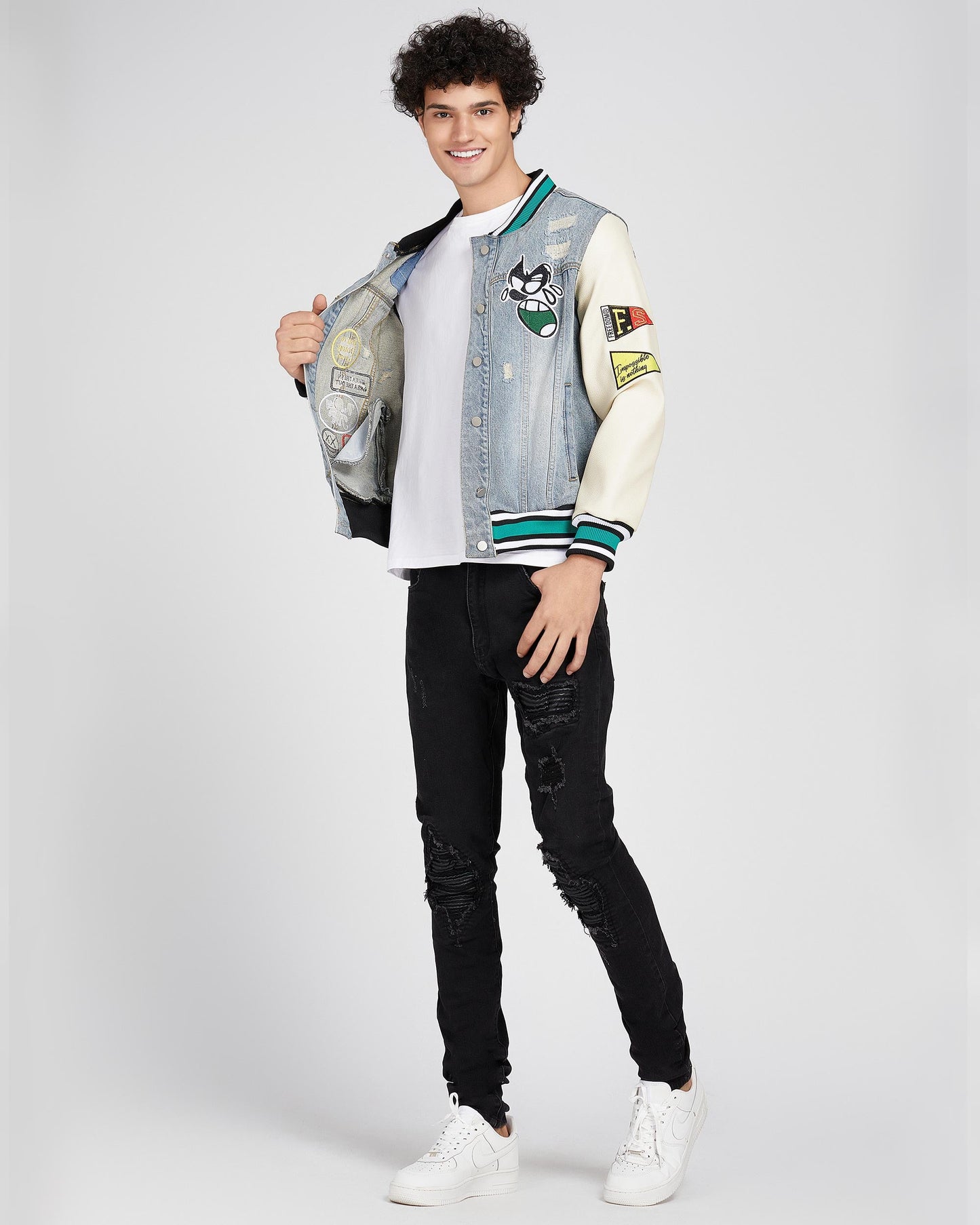 Logeqi cartoon denim baseball jacket featuring a playful design and stylish patches, perfect for casual wear