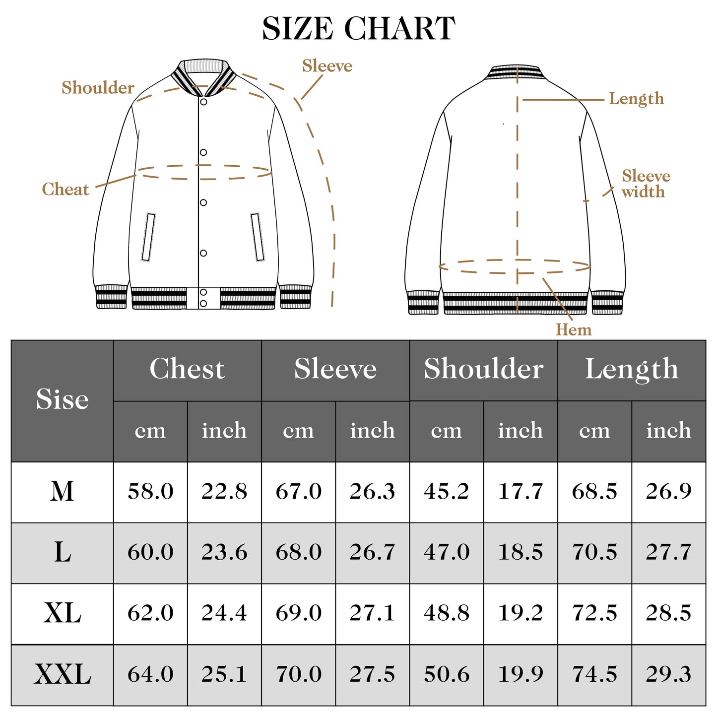 Logeqi cartoon denim baseball jacket size chart with measurements for M, L, XL, and XXL sizes