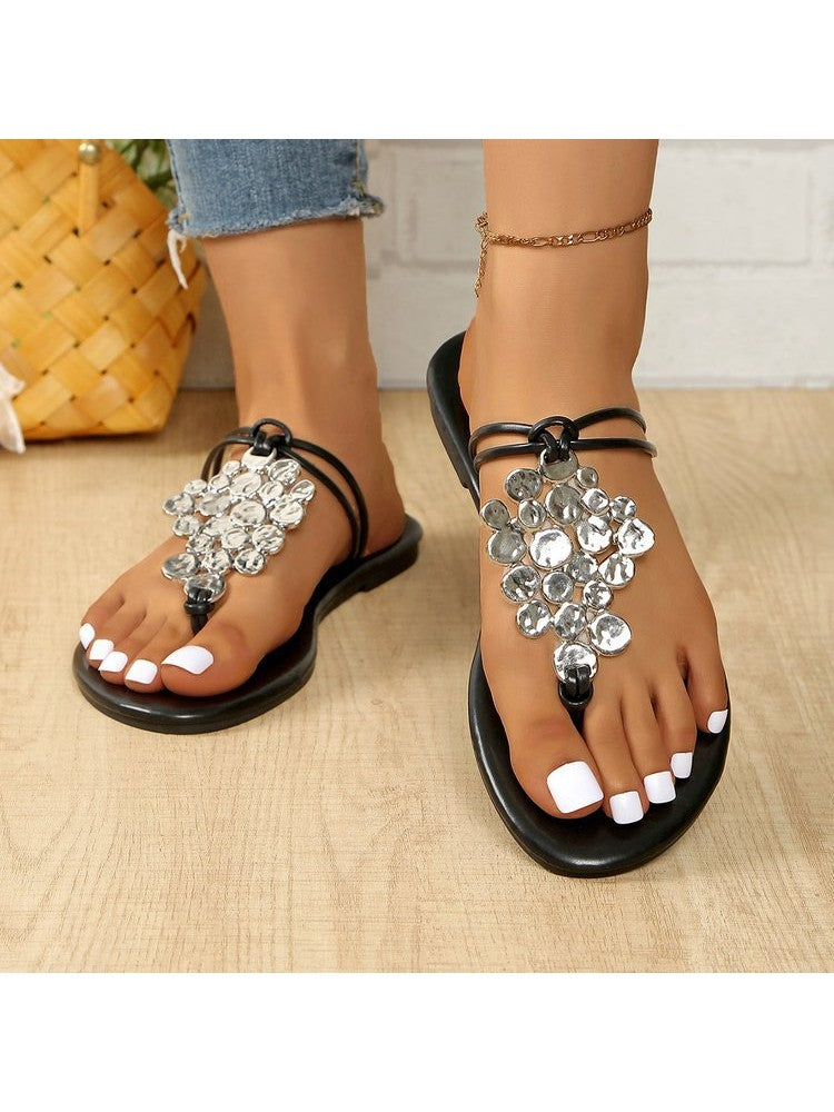 Wholesale7 casual sequin slippers for women with black straps and shiny silver embellishments