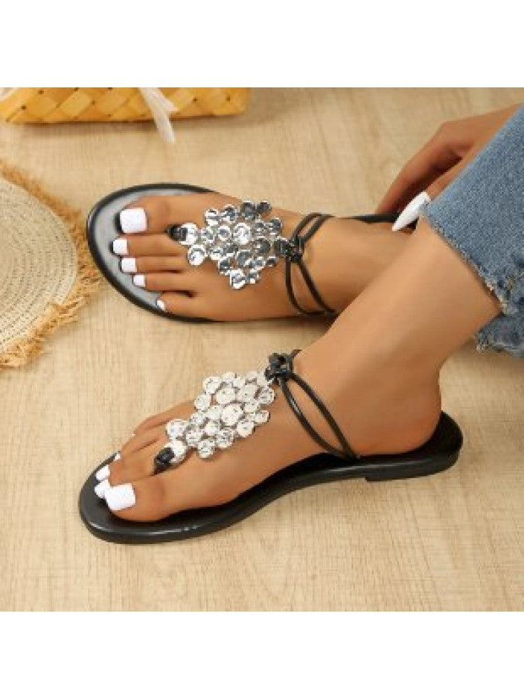 Wholesale7 casual sequin slippers for women in black with large silver sequins and ankle straps