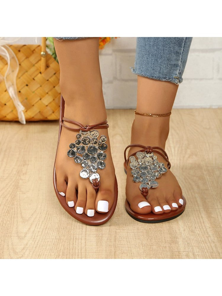 Wholesale7 casual sequin slippers for women with brown straps and decorative gems on feet