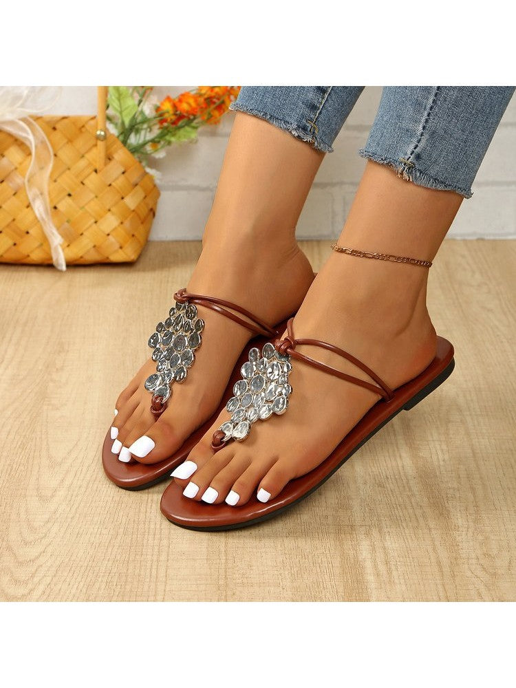 Wholesale7 casual sequin slippers for women with brown straps and decorative silver sequins