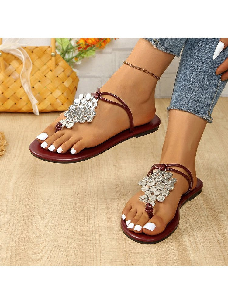 Wholesale7 casual sequin slippers for women in maroon with silver embellishments and open toe design
