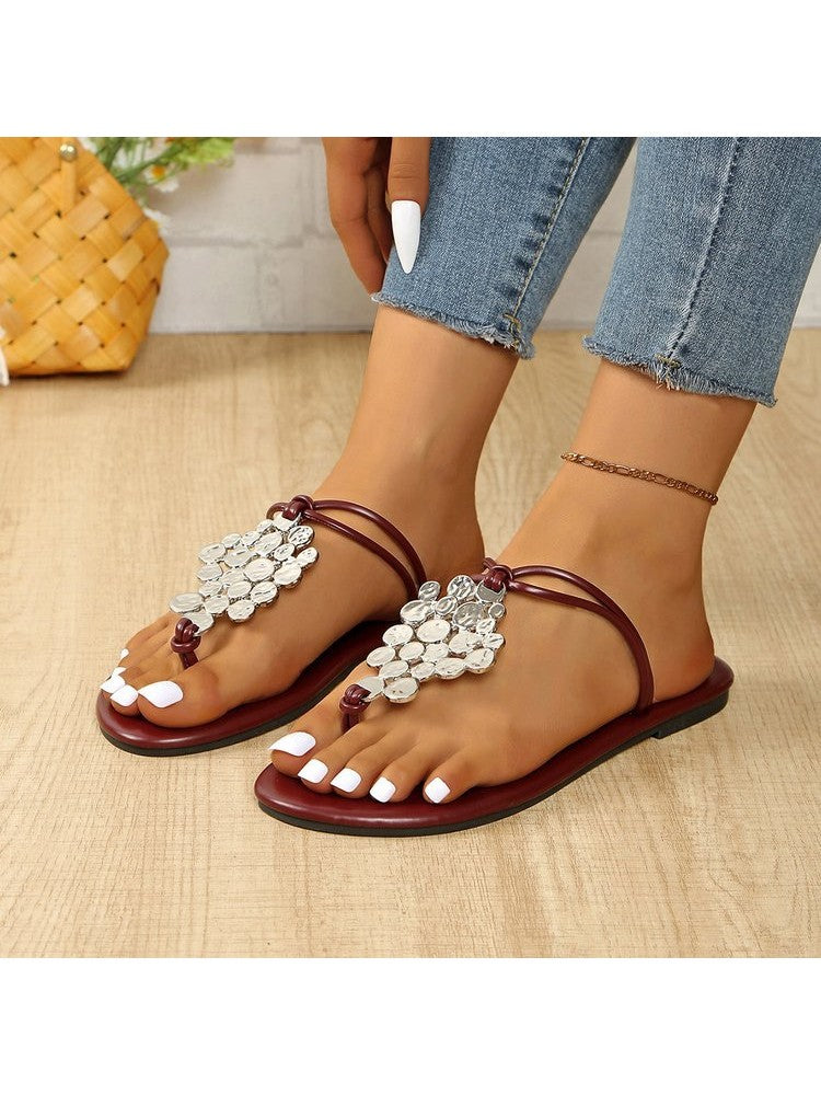 Wholesale7 casual sequin slippers for women in maroon with decorative silver sequins on toe rings